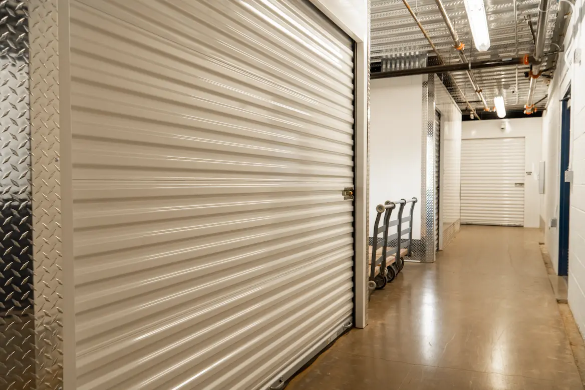 Closed storage unit and hand carts at West Coast Self-Storage Beaverton