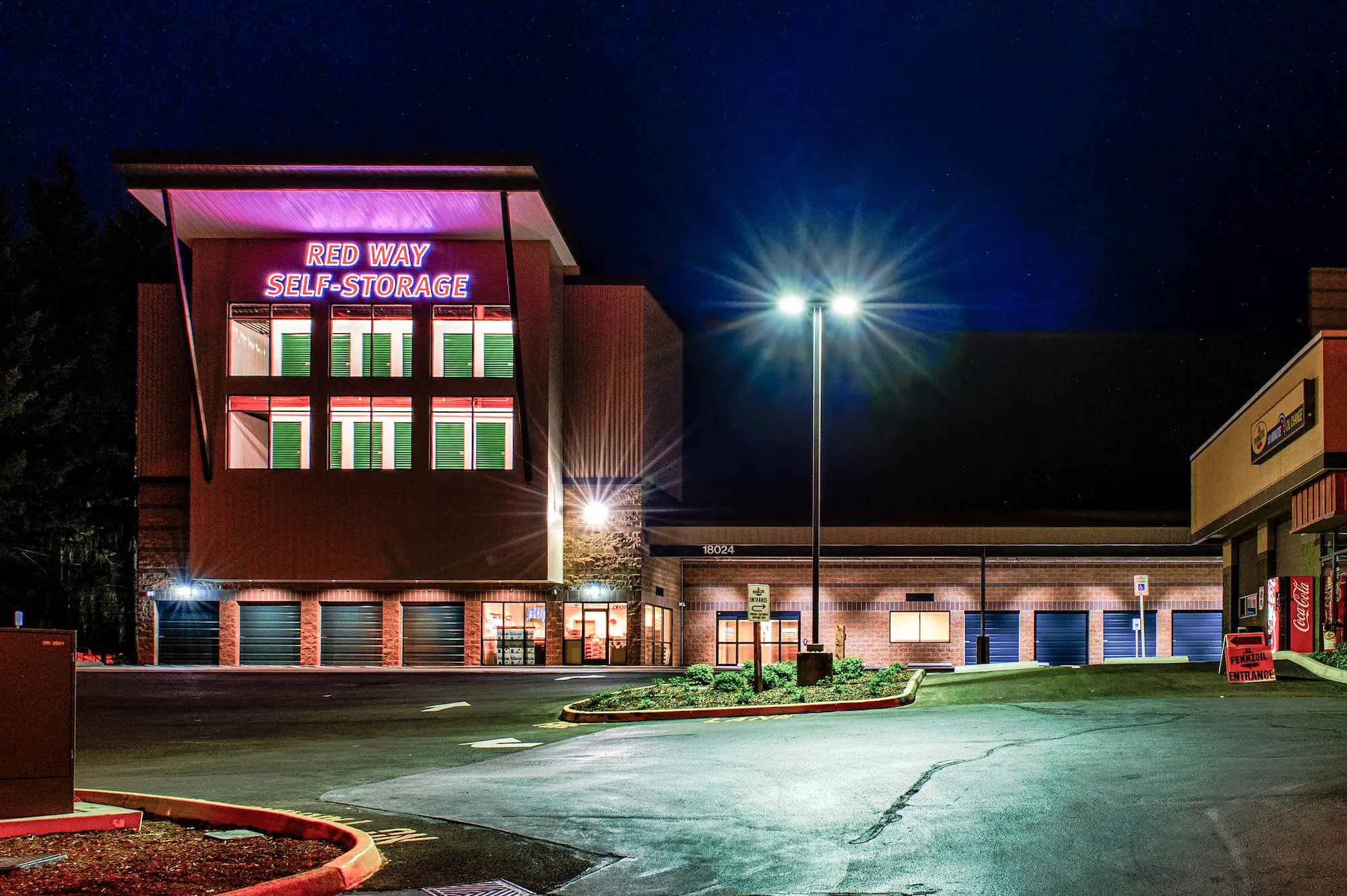 Store front at night - Red Way Self-Storage 18024 Redmond Way, Redmond, WA 98052