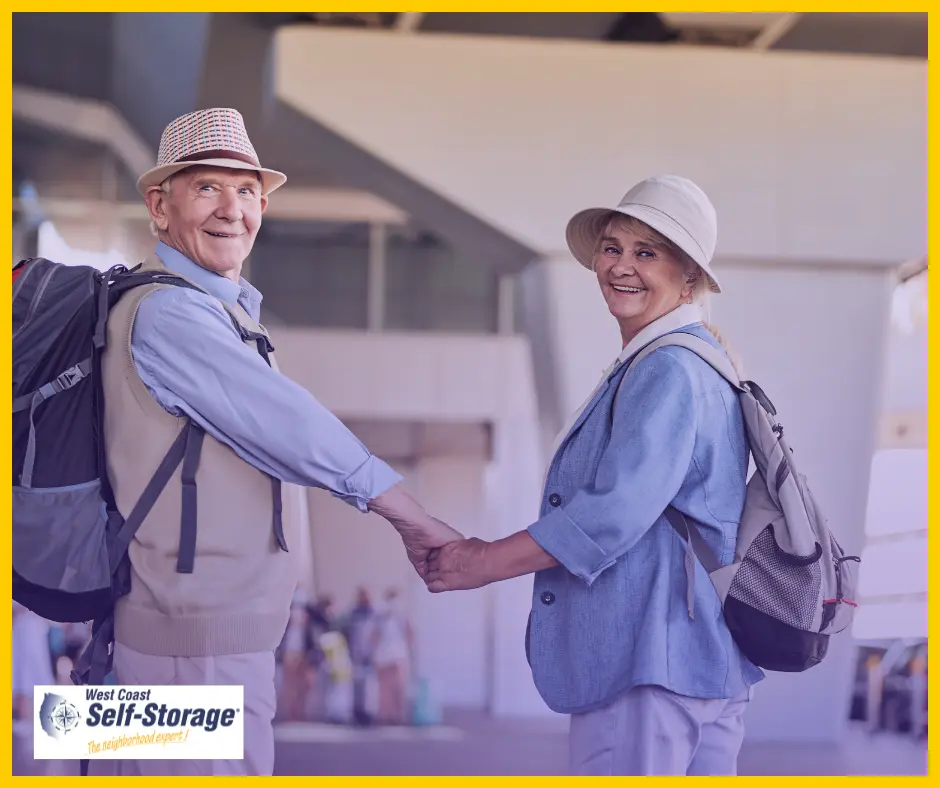 Retired couple wearing backpacks Retired couple wearing backpacks